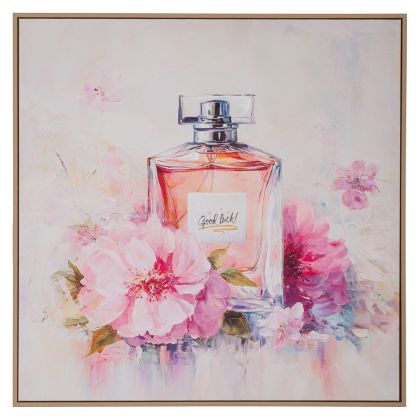 КАРТИНА С ПАРФЮМИ ВЪРХУ ПЛАТНО С ПЕЧАТ И ЛЕКА ЕСТЕСТВЕНА РАМКА 80X80 СМ