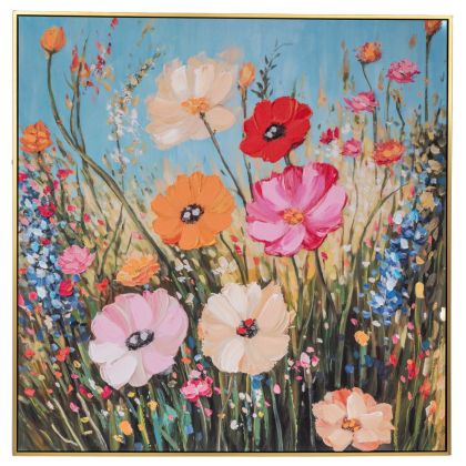 КАРТИНА С ЦВЕТЯ ВЪРХУ ПРИНТИРАНО ПЛАТНО СЪС ЗЛАТНА НАТУРАЛНА РАМКА 100X100 СМ