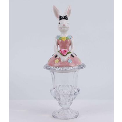 КЕРАМИЧЕН БУРКАН ЗА БИСКВИТКИ С ПРОЗРАЧНО ДЪНО И КАПАК С РОЗОВО ЗАЙЧЕ 16X16X42 СМ