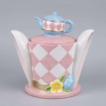 КЕРАМИЧЕН БУРКАН ЗА БИСКВИТКИ С ФОРМА НА ЗАЕШКА ШАПКА В ПАСТЕЛНИ НЮАНСИ 27X19X26 СМ