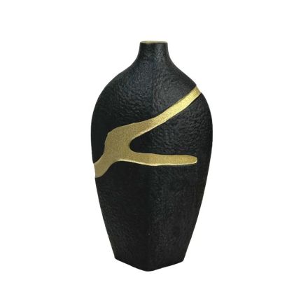 КЕРАМИЧНА ВАЗА ЧЕРНА СЪС ЗЛАТИСТ РЕБРАЖЕН ДИЗАЙН ГОЛЯМА - 37.6 см 1/6KIB