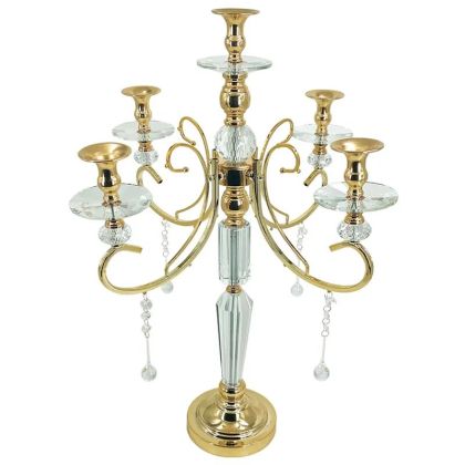 КЛАСИЧЕСКИ ЗЛАТИСТ/БЯЛ МЕТАЛЕН СВЕЩНИК С КРИСТАЛИ, 5 МЕСТА - Φ39x69см, 6 БР./КУТИЯ