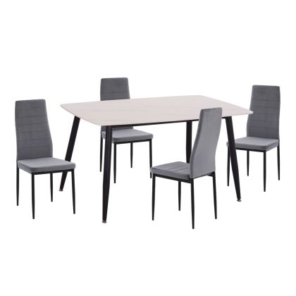 КОМПЛЕКТ МАСА И СТОЛОВЕ 5 ЧАСТИ RAVEN HM21071.03 КЕРАМИЧЕН ПЛОТ БЯЛ МРАМОР - СИВО КАДИФЕ