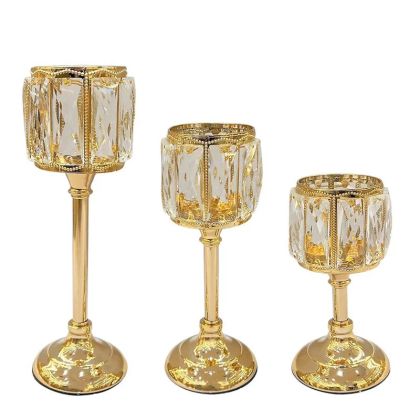 КОМПЛЕКТ МЕТАЛНИ СВЕЩНИЦИ/3 ЗЛАТИСТИ/БЕЛИ ТРАВЕРСИ С КРИСТАЛИ - S: Φ11x23, M: Φ11x28, L: Φ11x38см 12/КУТИЯ