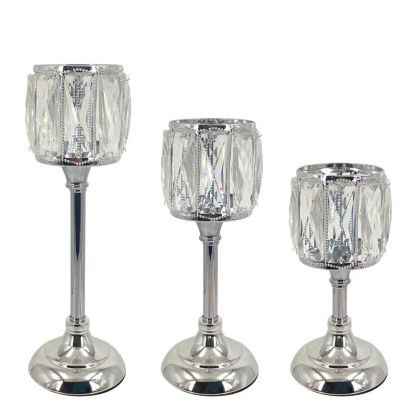 КОМПЛЕКТ МЕТАЛНИ СВЕЩНИЦИ/3 СРЕБЪРНИ/БЕЛИ ТРАВЕРСИ С КРИСТАЛИ - S: Φ11x23, M: Φ11x28, L: Φ11x38см 12/КУТИЯ