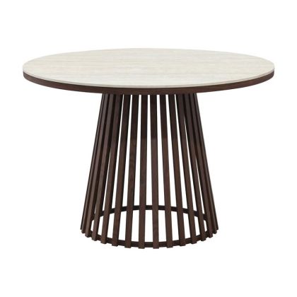 КРЪГЛА ТРАПЕЗАРНА МАСА FL06 С БЕЖОВА КЕРАМИЧНА ПОВЪРХНОСТ И МЕТАЛНА ОСНОВА В КАФЯВ ЦВЯТ 110X75СМ