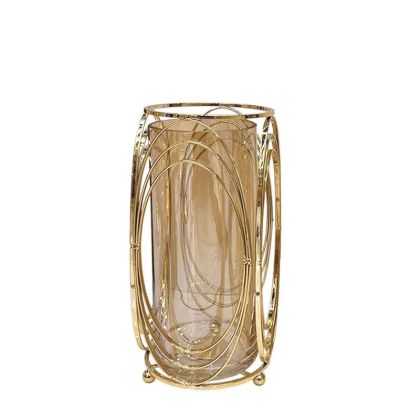 МЕТАЛЕН СВЕЩНИК, ЗЛАТЕН/МЕДЕН, ЦИЛИНДЪР С ОВАЛНА ФОРМА, ГОЛЯМ, СЪС СТЪКЛО - Φ12x28см, 12/КУТИЯ