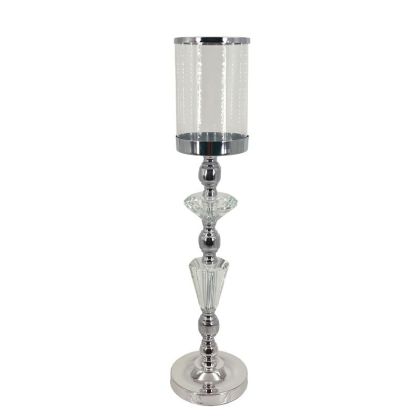 МЕТАЛЕН СВЕЩНИК, СРЕБЪРЕН/БЯЛ, ЕДИНИЧЕН, КЛАСИЧЕСКИ, С КРИСТАЛИ И СТЪКЛО, ГОЛЯМ - Φ12x50см, 12/КУТИЯ