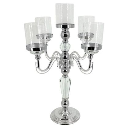 МЕТАЛЕН СВЕЩНИК, СРЕБЪРЕН/БЯЛ, КЛАСИЧЕСКИ С КРИСТАЛИ, 5 МЕСТА - Φ36x60см, 6 бр./КУТИЯ