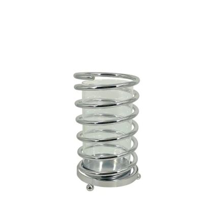 МЕТАЛЕН СВЕЩНИК, СРЕБЪРЕН/БЯЛ, ПРУЖИНА, ГОЛЯМ, СЪС СТЪКЛО - Φ13x22см, 24/КУТИЯ