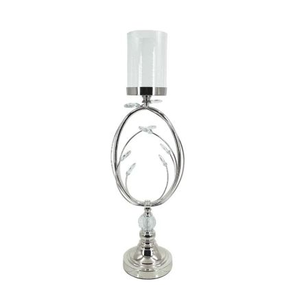 МЕТАЛЕН СВЕЩНИК, СРЕБЪРЕН/БЯЛ, СЪС СТЪКЛЕНИ КРИСТАЛИ, ГОЛЯМ - Φ18x49.5 см, 6 бр./КУТИЯ