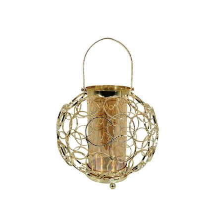 МЕТАЛЕН СВЕЩНИК-ФЕНЕР, ЗЛАТЕН/МЕДЕН, ГОЛЯМ КРЪГЪЛ, СЪС СТЪКЛО - Φ23x23см, 6 БРОЯ/КУТИЯ