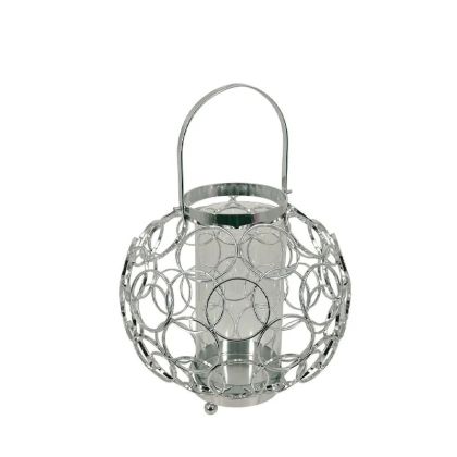 МЕТАЛЕН СВЕЩНИК-ФЕНЕР, СРЕБЪРЕН/БЯЛ, ГОЛЯМ КРЪГЪЛ, СЪС СТЪКЛО - Φ23x23см, 6 бр./КУТИЯ