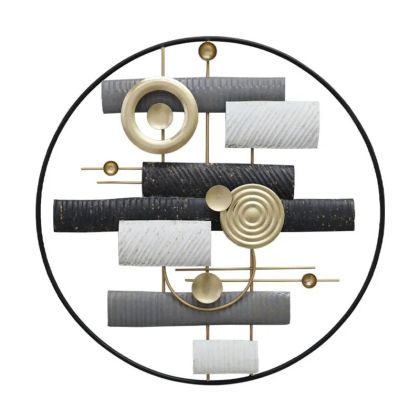 МЕТАЛНА СТЕННА ДЕКОРАЦИЯ ЗЛАТИСТА/ЧЕРНА/СИВА КРЪГЛА АБСТРАКТНИ ФИГУРИ - Φ58.4x4.4см 4/KIB