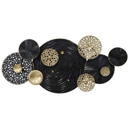 МЕТАЛНА СТЕННА ДЕКОРАЦИЯ ЗЛАТИСТИ/ЧЕРНИ КРЪГОВЕ АБСТРАКТНА - 133.4x60.3x6.4см 2/KIB