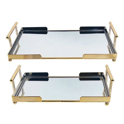 МЕТАЛНИ ПОДНОСИ ЗЛАТИСТИ КОМПЛЕКТ/2 ПРАВОЪГЪЛНИ С ОГЛЕДАЛО - Р: 20x30, Д: 26x36 см 4/КУТИЯ