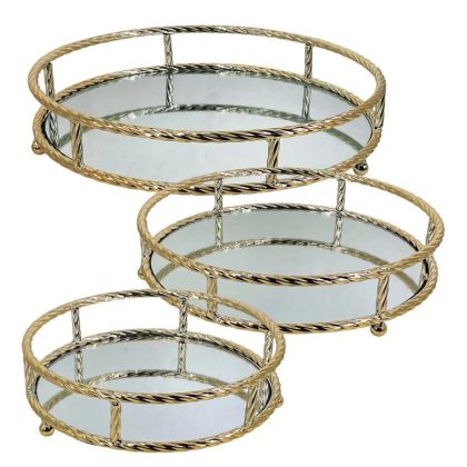 МЕТАЛНИ ПОДНОСИ ЗЛАТИСТИ КОМПЛЕКТ/3 КРЪГЛИ С ОГЛЕДАЛНА КРЪГЛА ДРЪЖКА - S:Φ27, M:Φ32, L:Φ37см 4/КУТИЯ