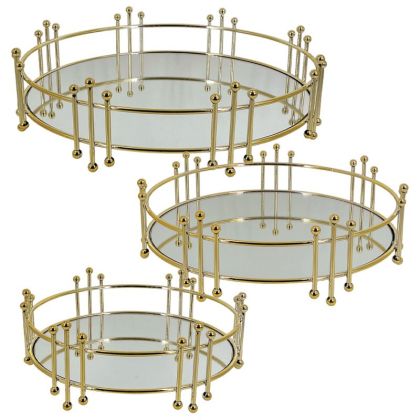 МЕТАЛНИ ПОДНОСИ ЗЛАТИСТИ КОМПЛЕКТ/3 КРЪГЛИ С ОГЛЕДАЛО КРЪГЛИ - S:Φ25x10, M:Φ30x10, L:Φ35x10см 3/КУТИЯ