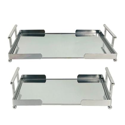 МЕТАЛНИ ПОДНОСИ СРЕБЪРНИ КОМПЛЕКТ/2 ПРАВОЪГЪЛНИ С ОГЛЕДАЛО - Р: 20x30, Д: 26x36 см 4/КУТИЯ