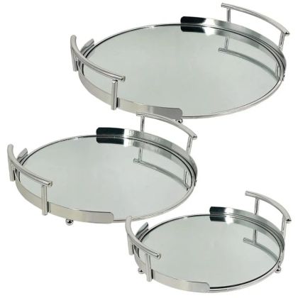 МЕТАЛНИ ПОДНОСИ СРЕБЪРНИ КОМПЛЕКТ/3 КРЪГЛИ С ОГЛЕДАЛО И ДРЪЖКИ - Р: 25, М: 30, Д: 35 см 4/КУТИЯ