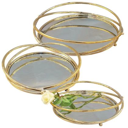 МЕТАЛНИ ПОДНОСИ, ЗЛАТИСТИ, КОМПЛЕКТ/3 КРЪГЛИ С ОГЛЕДАЛНИ СКОСЕНИ ДРЪЖКИ - S:Φ25, M:Φ30, L:Φ35см 3/КУТИЯ