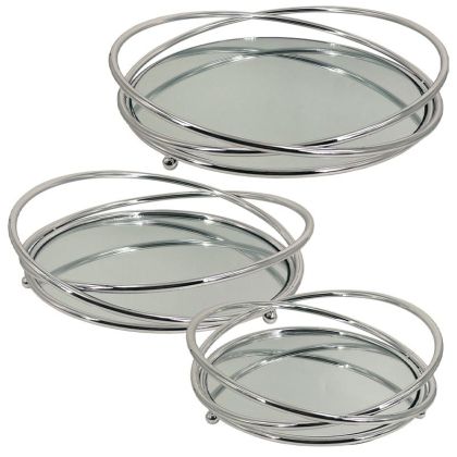 МЕТАЛНИ ПОДНОСИ, СРЕБЪРНИ, КОМПЛЕКТ/3 КРЪГЛИ С ОГЛЕДАЛНИ СКОСЕНИ ДРЪЖКИ - S:Φ25, M:Φ30, L:Φ35см 3/КУТИЯ
