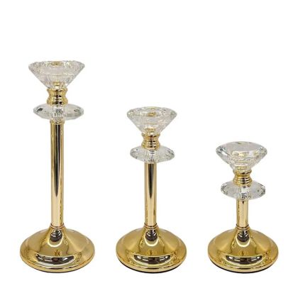 МЕТАЛНИ СВЕЩНИЦИ ЗЛАТИСТИ/БЕЛИ КОМПЛЕКТ/3 КЛАСИЧЕСКИ С КРИСТАЛИ Р:Φ10x17, М:Φ10x21, Д:Φ10x27см 12/КУТИЯ