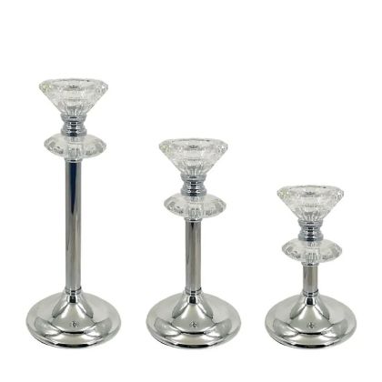 МЕТАЛНИ СВЕЩНИЦИ СРЕБЪРНИ/БЕЛИ КОМПЛЕКТ/3 КЛАСИЧЕСКИ С КРИСТАЛИ - Р: Φ10x17, М: Φ10x21, Д: Φ10x27см 12/КУТИЯ