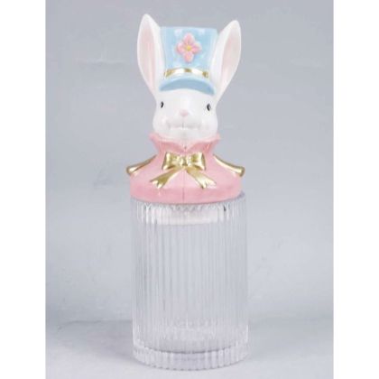 ПРОЗРАЧЕН КЕРАМИЧЕН БУРКАН ЗА БИСКВИТКИ С КАПАК СЪС ЗАЕШКИ ТЕКСТИЛ В ПАСТЕЛНИ ЦВЕТОВЕ 11X11X31 СМ