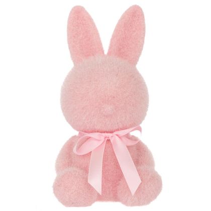 Розово зайче с панделка, седнало на сядане, 18 см