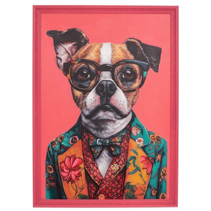 РЪЧНО ИЗРАБОТЕНА КАРТИНА КУЧЕ В РАМКА ОТ ПЕСТИЛИСТАТ 70X100 СМ