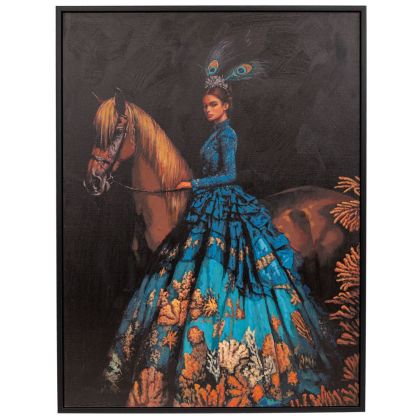 РЪЧНО ИЗРАБОТЕНА КАРТИНА С ЖЕНА И КОН В ПОСТАВЕН ПЛАСТИНОВ РАМКА 90Х120 СМ