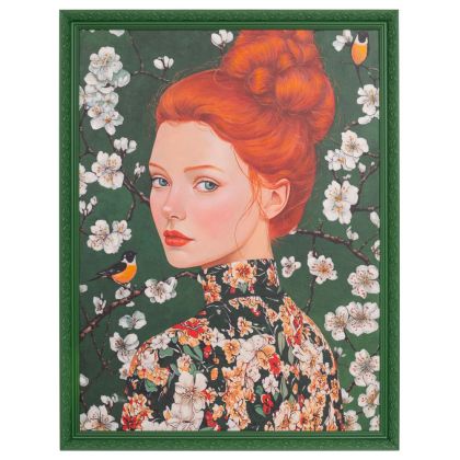 РЪЧНО ИЗРАБОТЕНА КАРТИНА С ЖЕНА И ЦВЕТЯ В РАМКА 90X120 СМ