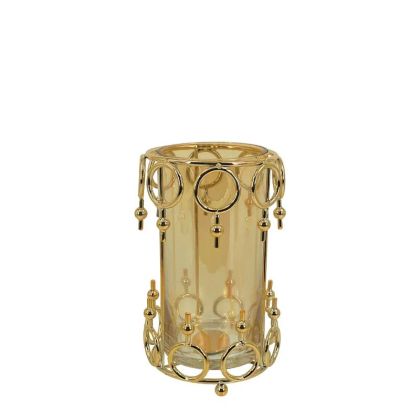 СРЕДЕН ЗЛАТИСТ/МЕДЕН МЕТАЛЕН СВЕЩНИК, КРЪГЪЛ ЦИЛИНДЪР СЪС СТЪКЛО - Φ12x22см 24/КУТИЯ