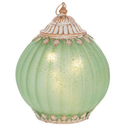 СТЪКЛЕН КРЪГЪЛ ФЕНЕР С LED СВЕТЛИНА И МЕТАЛЕН КАПАК В ЗЕЛЕН ЦВЯТ 15X15X19 СМ