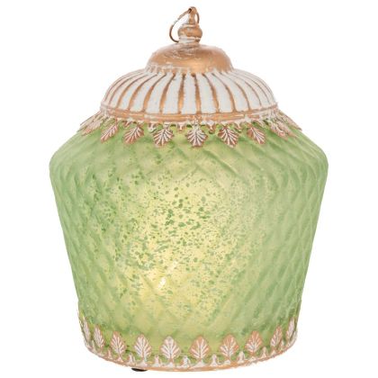 СТЪКЛЕН ФЕНЕР ВЪВ ВИНТИДЖ СТИЛ С LED СВЕТЛИНА И МЕТАЛЕН КАПАК В ЗЕЛЕН ЦВЯТ 15X15X19 СМ