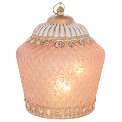СТЪКЛЕН ФЕНЕР ВЪВ ВИНТИДЖ СТИЛ С LED СВЕТЛИНА И МЕТАЛЕН КАПАК В РОЗОВ ЦВЯТ 15X15X19 СМ