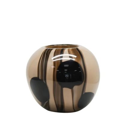 СТЪКЛЕНА ВАЗА С ТОПЛА, БЕЖОВА, С КАФЯВИ ЛИНИИ И ТОЧКИ - Φ21.5x18см 4/КУТИЯ