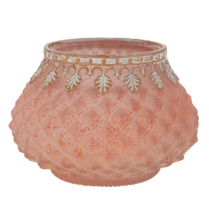 СТЪКЛЕНА ПОСТАВКА ЗА ЧАЕНИ СВЕЩИ В РОЗОВО ВИНТИДЖ СТИЛ 11,5X11,5X8 СМ