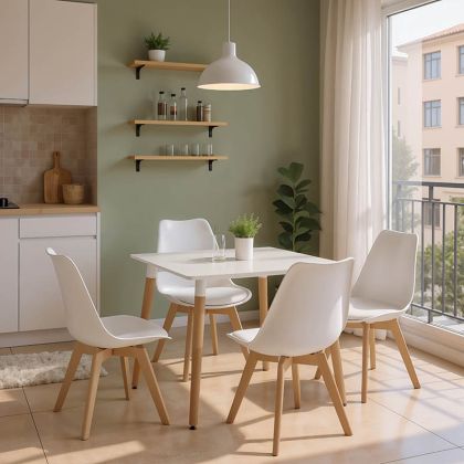 ТРАПЕЗАРИЯ С БЕЛИ СТОЛОВЕ GASTON И БЯЛА МАСА NATALI 80X80X76 СМ, КОМПЛЕКТ ОТ 5 ЧАСТИ