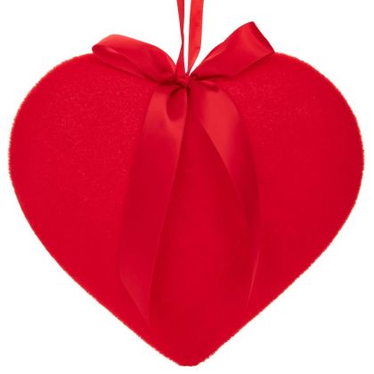 Червено флокирано висящо сърце с червена панделка 30x30 см