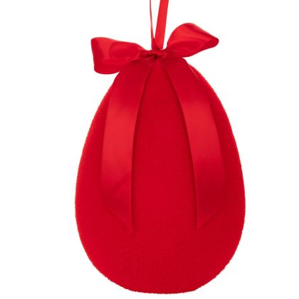 Червено флокирано висящо яйце с панделка, 25 см
