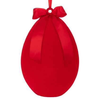 Червено флокирано висящо яйце с панделка, великденска декорация 40 см