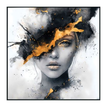 ЧЕРНО-БЯЛА КАРТИНА НА ПЛАТНО С ПОЛОВИННОТО ЛИЦЕ НА ЖЕНА СЪС ЗЛАТИСТИ ДЕТАЙЛИ 82x82CM 6/KIB