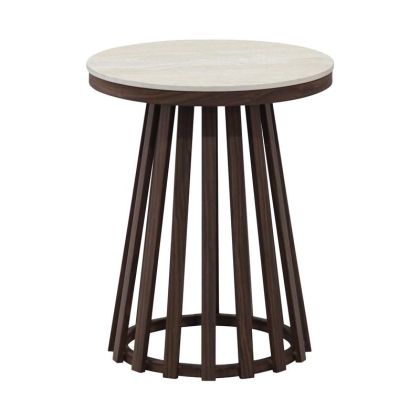 ЪГЛОВА КРЪГЛА МАСА FL032 С БЕЖОВА КЕРАМИЧНА ПОВЪРХНОСТ И МЕТАЛНА ОСНОВА В КАФЯВ ЦВЯТ 45X50СМ