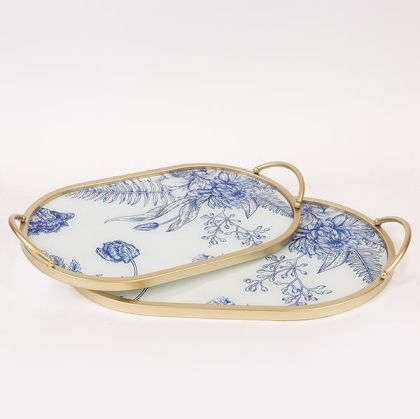 S/2 ПОДНОС МЕТАЛ И СТЪКЛО ЗЛАТИСТО-СИНЬО 47.5X30X6СМ / 40X25X6СМ