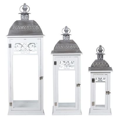 S/3 дървени фенера, бели, метални 33x33x93см / 25x25x71.5см / 17x17x50.5см