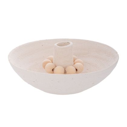 БЯЛ КЕРАМИЧЕН СВЕЩНИК С ДЪРВЕНИ МЪНИСТА 14X14X5,5 СМ