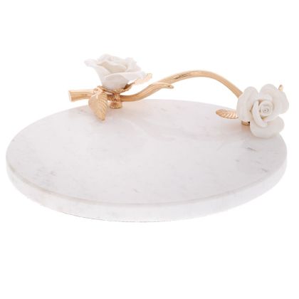 БЯЛ МРАМОРЕН ПОДНОС С ЦВЕТЯ И ЗЛАТНИ ДРЪЖКИ В КРЪГЛА ФОРМА 23X20X5,5 СМ