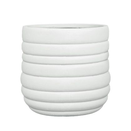 Голяма саксия, изработена от лек цимент, бяла, кръгла с линии - Φ54x51см